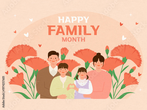 카네이션을 배경으로 가족들이 환하게 웃고 있는 일러스트레이션