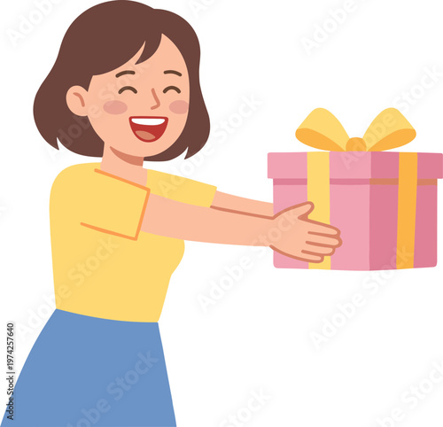 A smiling woman happily offers a wrapped gift to someone.