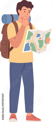 Man with backpack and map standing outdoors looking puzzled