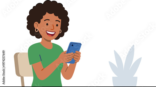 Woman sits indoors using smartphone with plant nearby smiling