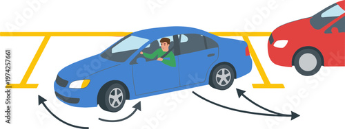 A blue car navigates through a tight parking space, maneuvering around a red car.