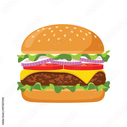 Cheeseburger vector illustration with lettuce, tomato, onion, and sesame bun isolated on white