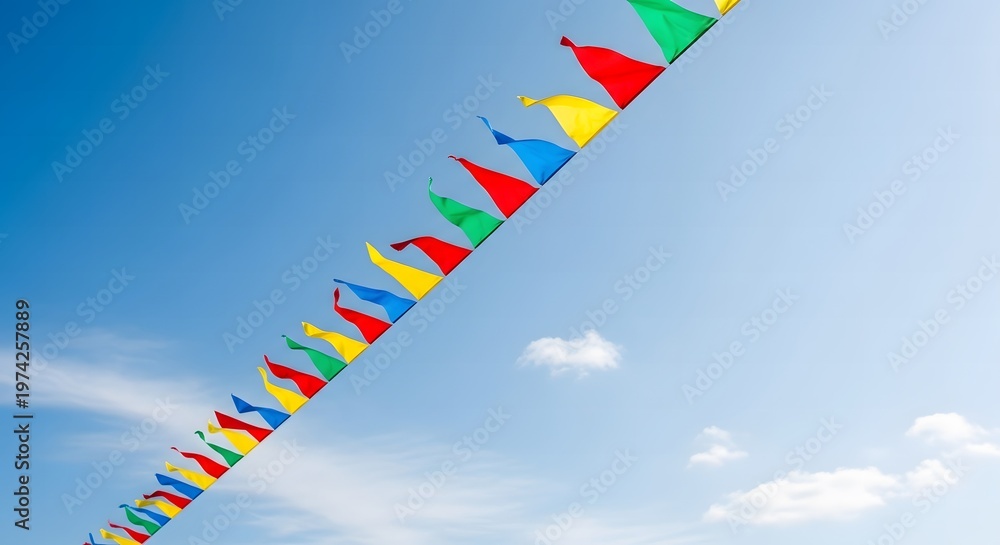 Fototapeta premium Vibrant colorful triangular bunting flags waving against a clear blue sky with soft white clouds during a summer festival.