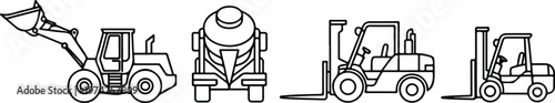 Clean vector line art of industrial machinery including forklift and robot automation system in simple technical style