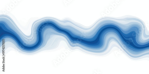 Abstract watercolor painting of flowing blue and grey waves on a white background with soft brush strokes and layered liquid paint textures creating a horizontal undulating motion effect