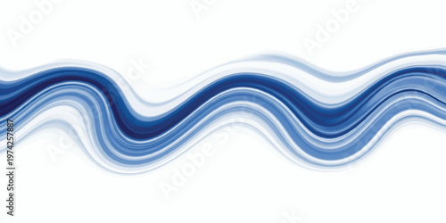 Abstract horizontal wave pattern with flowing layers of blue and white paint strokes creating a soft liquid motion effect against a plain white background