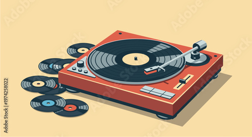 A vibrant red vintage turntable with a spinning vinyl record, surrounded by a collection of classic music albums, evoking nostalgia and retro sound.