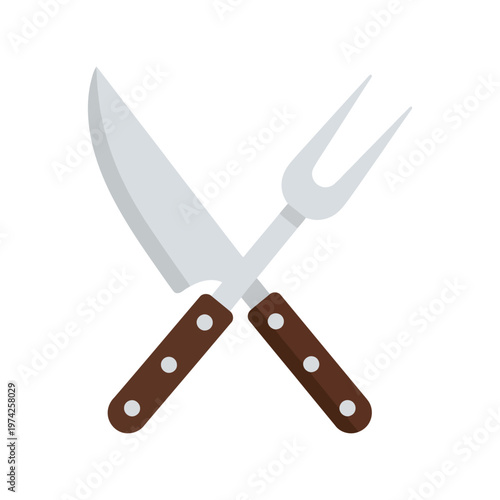 Barbecue Knife and Fork Vector Illustration with Wooden Handles Isolated on White