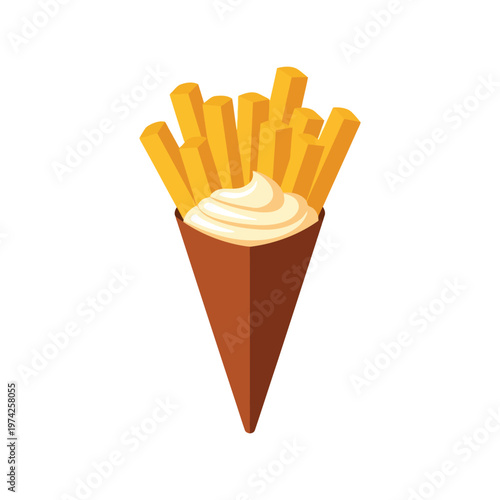 French fries with mayonnaise in paper cone vector illustration isolated on white background
