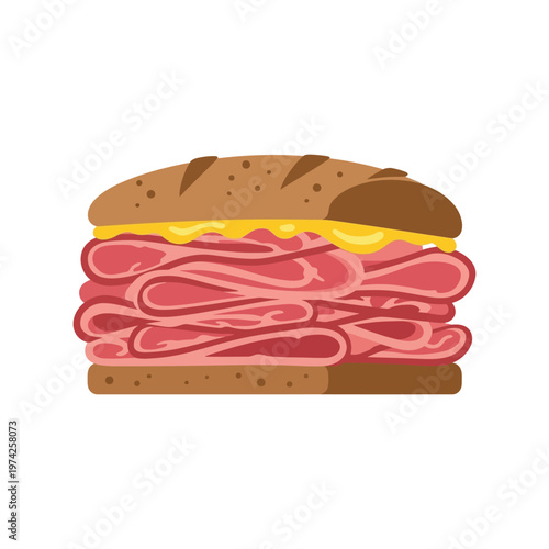 Vector illustration of pastrami sandwich with mustard on rye bread, isolated on white background