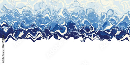 Abstract watercolor painting of flowing blue ocean waves with layered brushstrokes and varying shades of azure turquoise and navy blue on a textured off white paper background