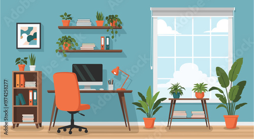 A vibrant, modern home office space featuring a comfortable desk setup, computer, and an abundance of lush green houseplants, creating a productive and serene environment.