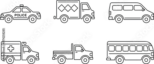 Foto Clean vector illustration collection of six transport vehicles including police