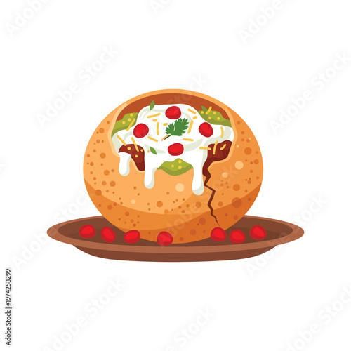 Indian street food pani puri vector illustration with spicy filling and yogurt on plate
