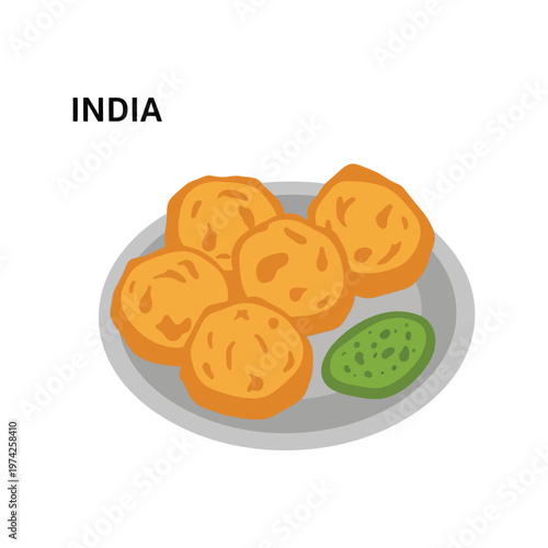 Indian street food vada vector illustration with chutney on plate, traditional snack icon