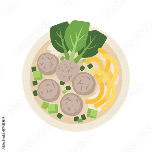 Asian noodle soup with meatballs and greens flat vector illustration for food menu design