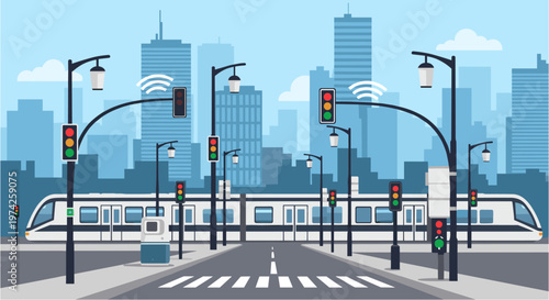 Modern urban landscape featuring a sleek passenger train, smart traffic lights, and interconnected street infrastructure against a city skyline.