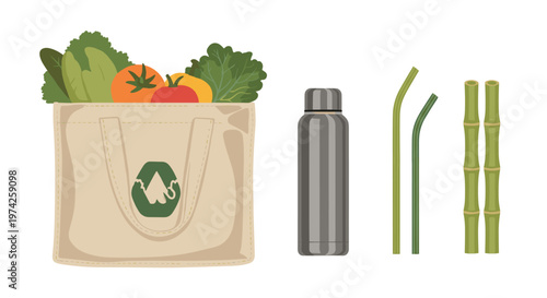 An eco-friendly illustration showcasing a reusable grocery bag filled with fresh produce, a metallic water bottle, and sustainable bamboo straws, promoting a zero-waste lifestyle.