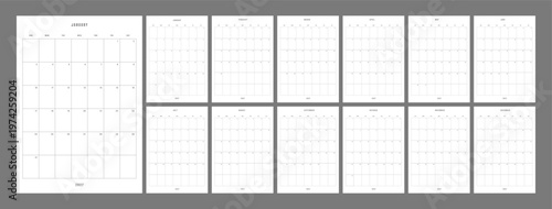Minimal 2027 calendar vector template with week starting on Sunday. Clean grid monthly layout in editorial style with modern typography. Simple business planner design with all months included.
