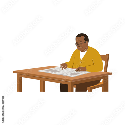 An older man sits at a wooden table writing on a paper with a pen.