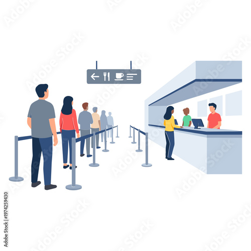 People wait in line at a travel check-in counter in an airport.