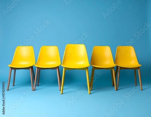 Five modern, bright yellow chairs, set against a solid, vibrant blue backdrop. Simple composition with focused lighting
