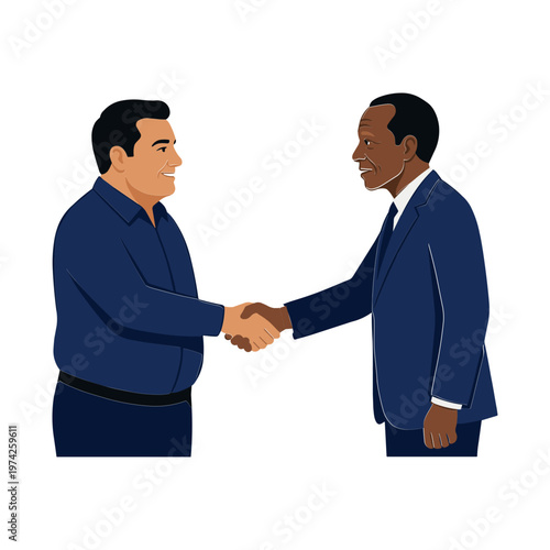 Two businessmen shake hands in a formal meeting indoors
