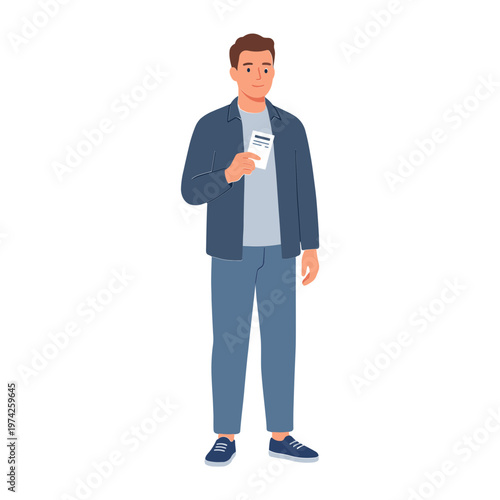 Man standing alone holding phone indoors looking casual