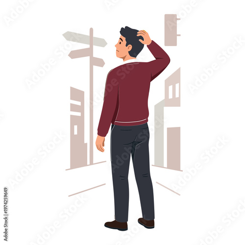 Man stands confused at city intersection with hand on head looking at signs