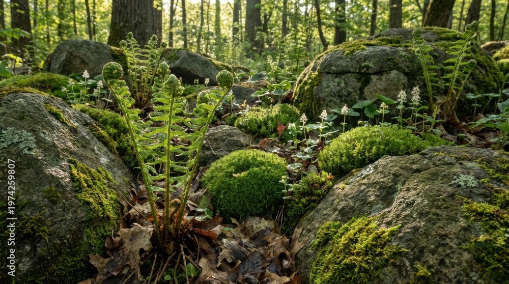 Fototapeta premium Rocky woodland understory with moss cushions, fern fiddleheads, and spring wildflowers, depicting native habitat richness, forest floor texture, and layered biodiversity in soft morning light
