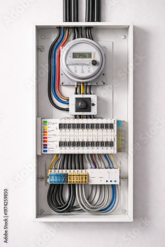 Electrical service panel with analog utility meter breakers and tools representing home maintenance inspection installation and power distribution infrastructure.
