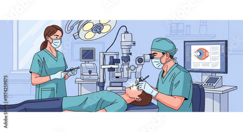 Ophthalmologist performing eye surgery with assistant in operating room modern medical equipment concept of vision correction and healthcare