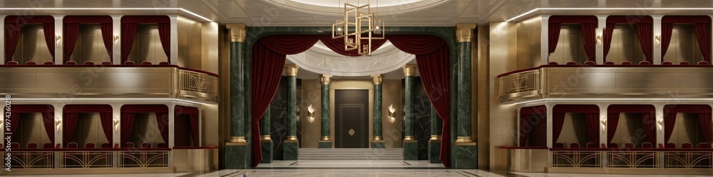 Obraz premium A luxurious opera house interior with grand columns, red drapery, and elegant chandeliers, showcasing opulent architectural design.