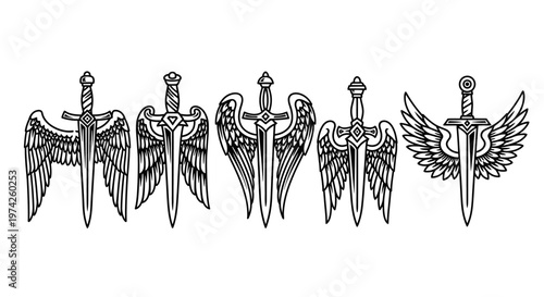 Collection of winged sword designs.