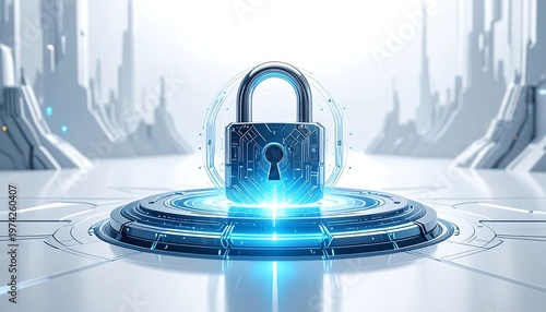 Futuristic digital padlock security concept, glowing with lines, set on a technological platform with a bright blue light