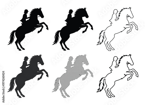 Equestrian horse rider silhouettes, rearing stallion vector set, black and white dressage icons for equestrian sports and ranch branding