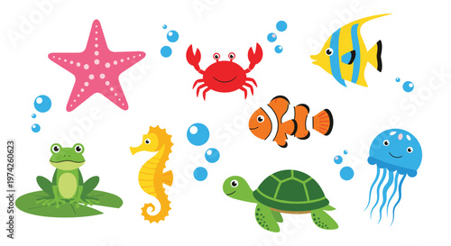 Set of cute cartoon sea animals including a starfish crab fish seahorse frog turtle and jellyfish with several blue bubbles.