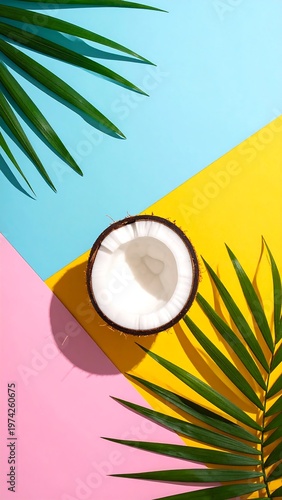 Vivid, top-down shot features a halved coconut and green palm fronds arranged on a colorful geometric background blue, yellow, and pink