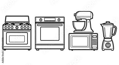 Kitchen Appliances Lineup Displayed Horizontally.