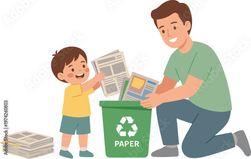 Man and boy recycling paper in a green bin at home.