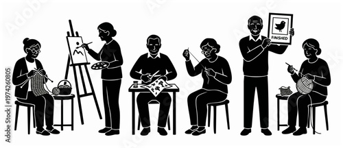 Senior people hobbies flat icon set, retired characters engaged in artistic activities like knitting, painting, sewing and crafting, isolated black and white vector illustration on a white background.