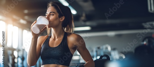 Young woman at the gym drinking a protein shake. Exercise concept. Fitness and healthy lifestyle, sports nutrition