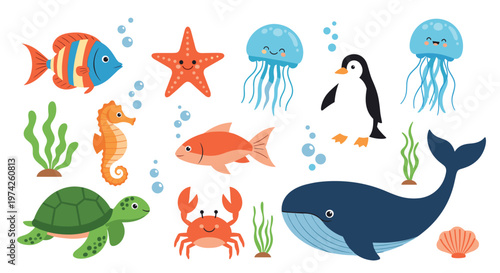 Comprehensive collection of cute cartoon sea animals including a fish whale turtle penguin crab seahorse and starfish.