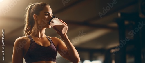 Young woman at the gym drinking a protein shake. Exercise concept. Fitness and healthy lifestyle, sports nutrition