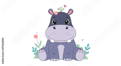 Adorable purple hippo sitting peacefully in a field of green grass with small flowers and a little bird on its head.
