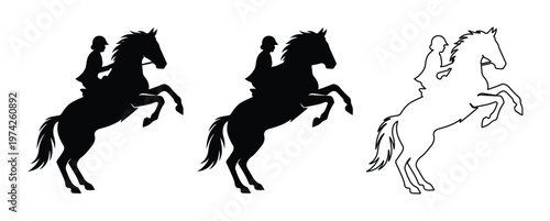 Equestrian horse rider silhouettes, rearing stallion with jockey vector set, black horse jumping and galloping outlines for sports logos