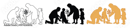 Family planting tree silhouette vector set, group of people gardening together, environmental conservation and reforestation concept icons