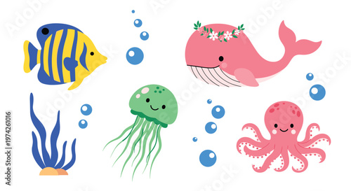 Cute assortment of sea life featuring a yellow fish pink whale green jellyfish and a smiling pink octopus with bubbles.