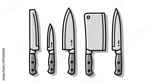 Set of kitchen knives and cleaver.