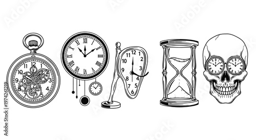 Vintage clock and skull objects.